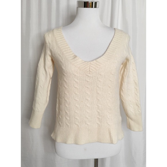 Ralph Lauren Vintage Wool Cashmere Cable Knit V-Neck Sweater Creme White Medium - Picture 2 of 8